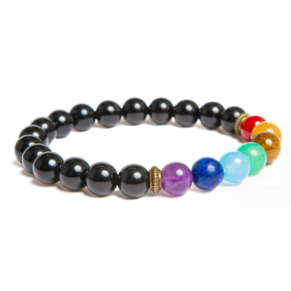 Chakra Bracelet with Black Agate Crystals - Unisex Stretch Bracelet -  The Stone of Protection and Equilibrium