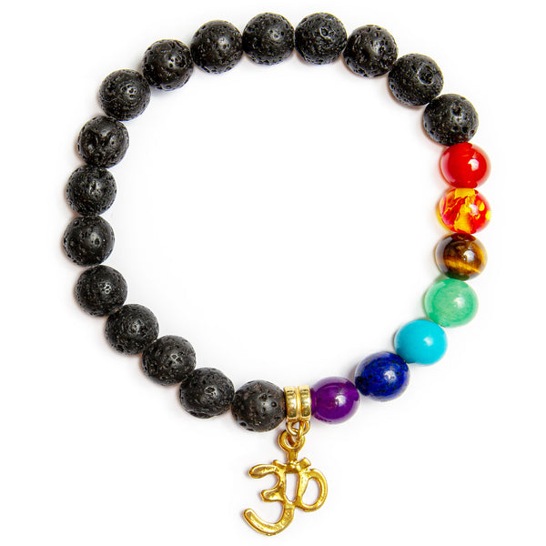 Black Natural Lava Stretch Bracelet with Chakra Quartz - The Stone of Strength, Grounding and Protection