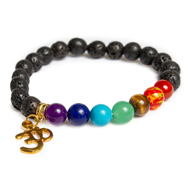 Black Natural Lava Stretch Bracelet with Chakra Quartz - The Stone of Strength, Grounding and Protection