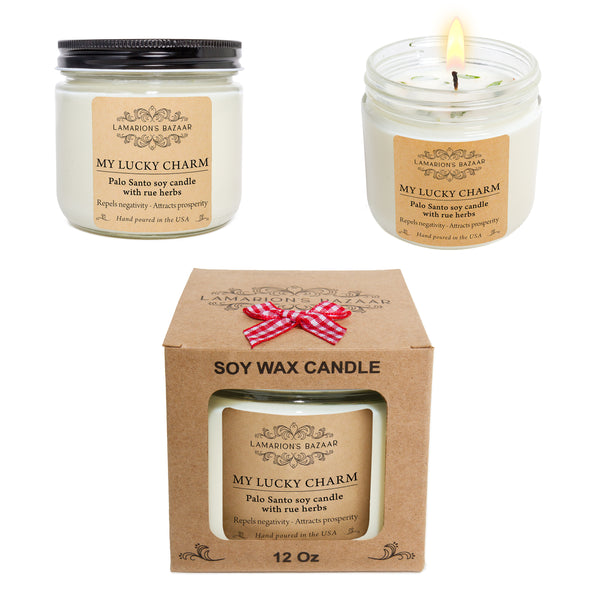 Palo Santo and Rue (ruda) soy candle, 12 oz. Energy cleansing. Boxed