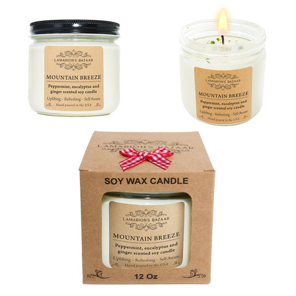 "Mountain Breeze" Mint, eucalyptus and ginger soy candle 12 oz. glass jar in a box