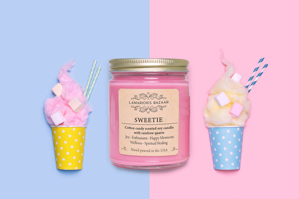 Rainbow quartz for healing. Cotton candy scented soy candle
