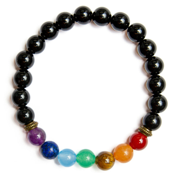 Chakra Bracelet with Black Agate Crystals - Unisex Stretch Bracelet -  The Stone of Protection and Equilibrium