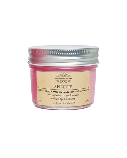 Rainbow quartz for healing. Cotton candy scented soy candle, 4 oz